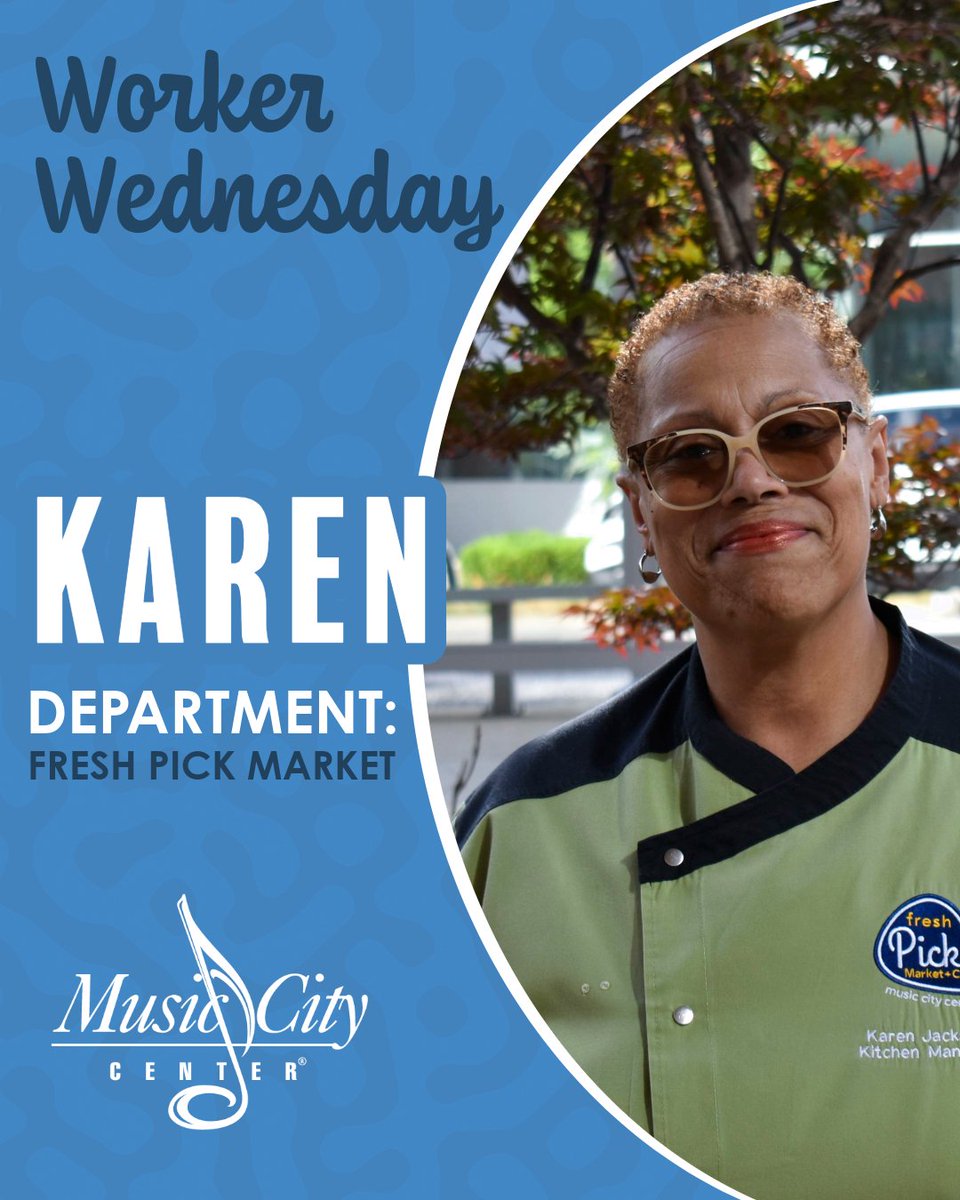 musiccitycenter's tweet image. Say hello to “The Kitchen Mom.” 🌟 Karen is a Sous Chef for @pick_cafe. She opens the market, managing the kitchen, preps meals, orders supplies, &amp;amp; trains new team members. Her favorite part of the job? Meeting new people from near &amp;amp; far! #WorkerWednesday #TeamMember #spotlight