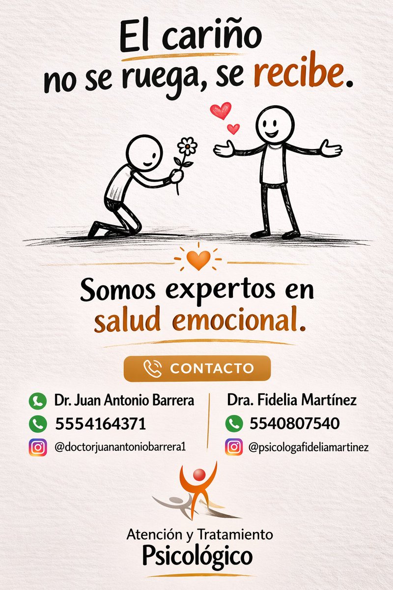 El cariño no se mendiga… se reconoce, se elige y se recibe. 💛
Si sientes que das más de lo que recibes, es momento de mirar hacia adentro.
✨ En terapia te ayudamos a sanar, poner límites y construir relaciones sanas.
Somos expertos en salud emocional.
Dr. Juan Antonio Barrera