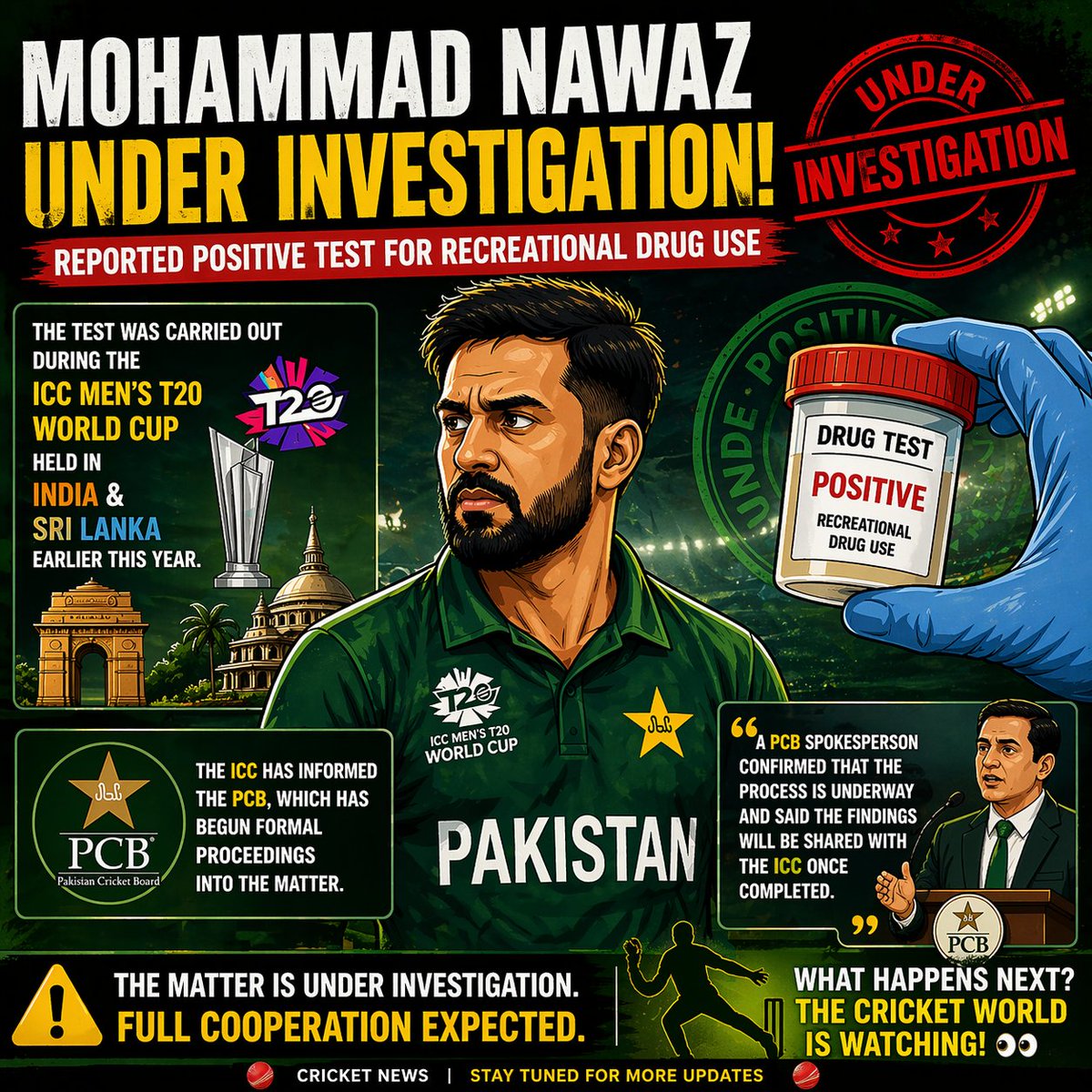 BamboozleMahi's tweet image. BIG BREAKING 🚨
Pakistan all-rounder Mohammad Nawaz is reportedly under PCB investigation after a shocking drug test report during the T20 World Cup. The cricket world is waiting for the final decision 👀 #MohammadNawaz #PCB #PakistanCricket #CricketNews #ViralNews