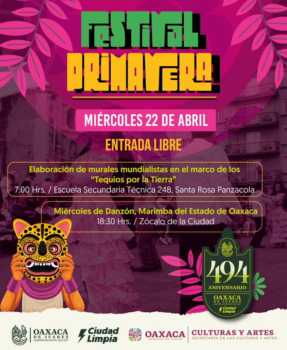 Entre colores que cuentan historias y pasos que evocan tradición, el #FestivalPrimavera sigue latiendo en Oaxaca.

Murales con esencia mundialista se mezclan con el ritmo del tradicional Miércoles de Danzón 💃🎶, creando un ambiente lleno de arte, música y vida en cada rincón.