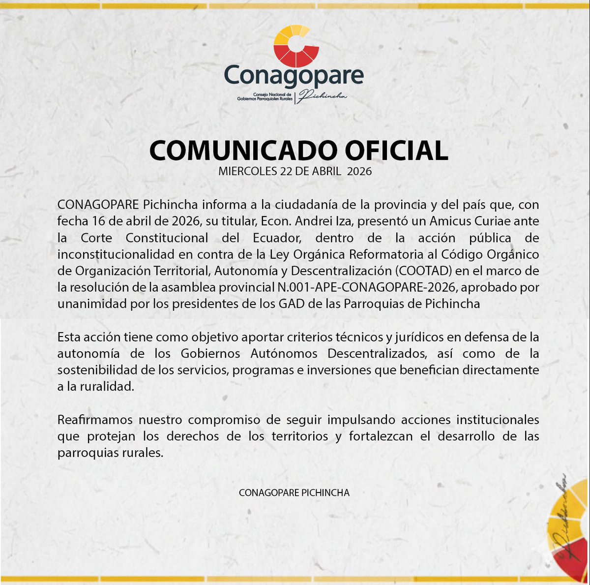 andrei_iza's tweet photo. ¡@CONAGOPARE_P No se une al pronunciamiento de @ConagopareN! 

A la ruralidad de Pichincha sí le afecta las reformas al COOTAD. 🚧🔊 https://t.co/Wjyn3w607s