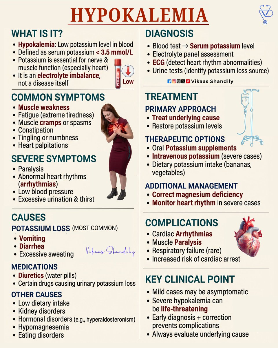 VikaasShandily's tweet image. Hypokalemia (Low Potassium): Causes, Symptoms, Diagnosis &amp;amp; Treatment 
#Hypokalemia #ElectrolyteImbalance #MedicalEducation #NursingNotes #VikaasShandily