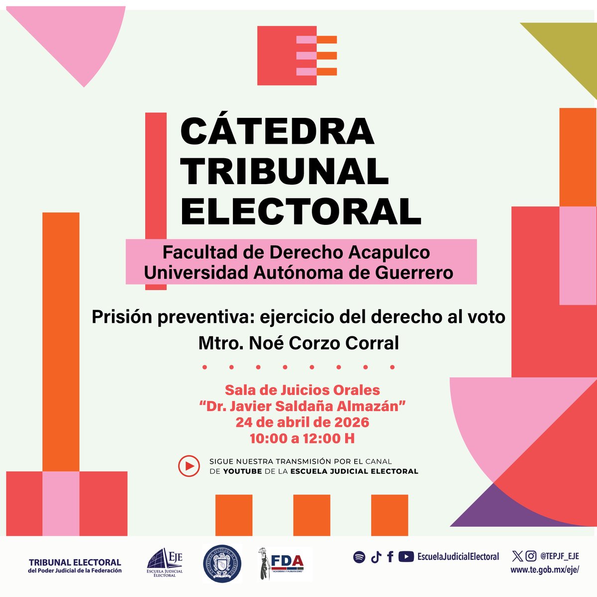 TEPJF_EJE's tweet photo. ⚖️ ¿Las personas en prisión preventiva pueden votar?

En la #CátedraTEPJF, el Mtro. Noé Corzo Corral analiza este tema clave para los derechos político-electorales y la inclusión democrática.

📅 24 de abril
⏰ 10:00 h
📍Facultad de Derecho Acapulco, @UAGro_MX https://t.co/KNRY5QLn9r