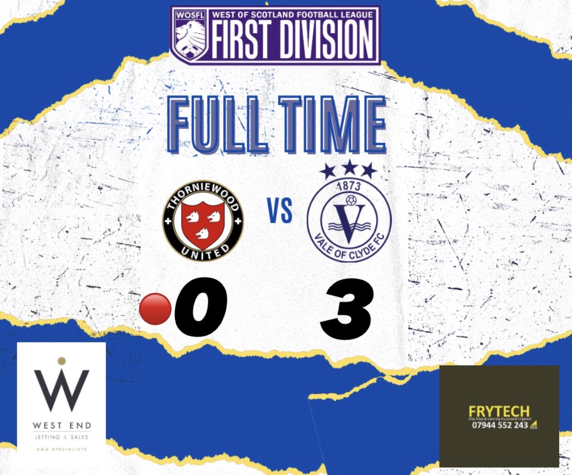 Full time at Robertson Park, and what a win it is for the Tin Pail! It ends 3-0 in a deserved victory against the 10 men of Thorniewood. 

Outstanding performance with Brian Hughes scoring a wonderful header in the first half, and Tyler Wright with an excellent brace in the