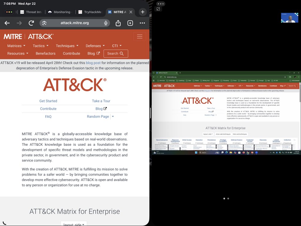 Ginaclinton2's tweet image. Explored Threat Intelligence in class today, including the MITRE ATT&amp;amp;CK matrix, tactics vs techniques, CTI groups, and defenses.

Learning how defenders map adversary behavior is changing how I view security.

@TechSphereAcad @thompsonever 
#CyberSecurity #ThreatIntelligence #SOC