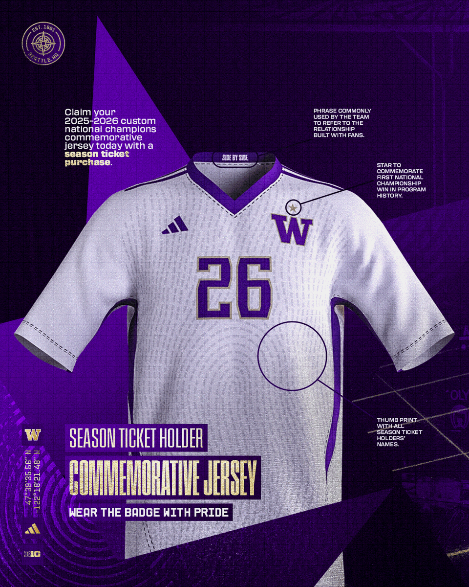 Introducing the Identity Jersey.

To commemorate last season's national championship and to honor the Husky faithful beside us through it all, UW men's soccer will don a new jersey in 2026 featuring a unique fingerprint design that includes the name of every 2026 season ticket