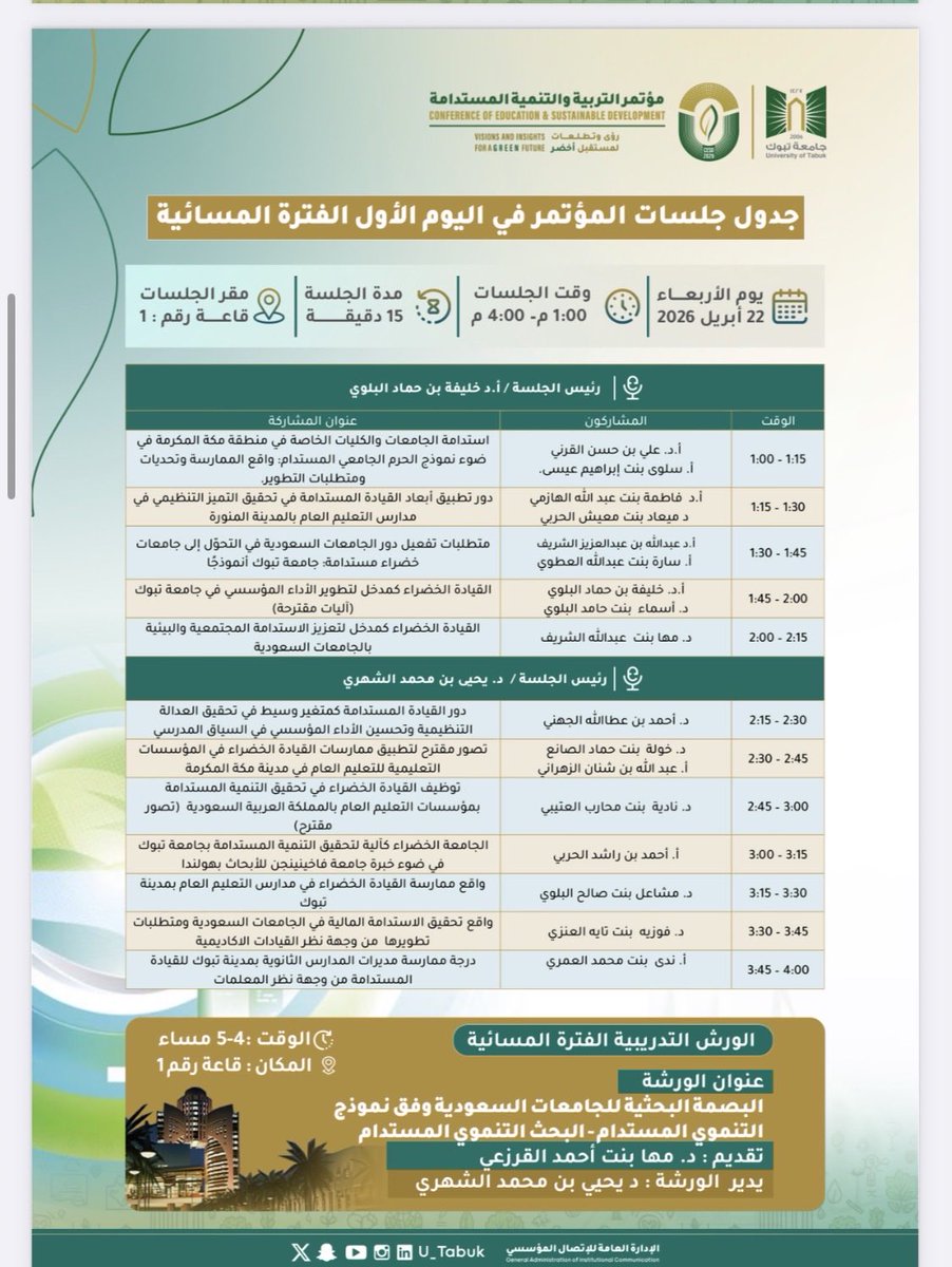 mahaabdullahsha's tweet photo. سعدت اليوم بتقديم ورقة عمل بعنوان ( #القيادة #الخضراء كمدخل لتعزيز المسؤولية البيئية والمجتمعية في الجامعات السعودية) ضمن فعاليات مؤتمر #التربية_والتنمية_المستدامة الذي نظمته جامعة تبوك https://t.co/dfUfge67ZC