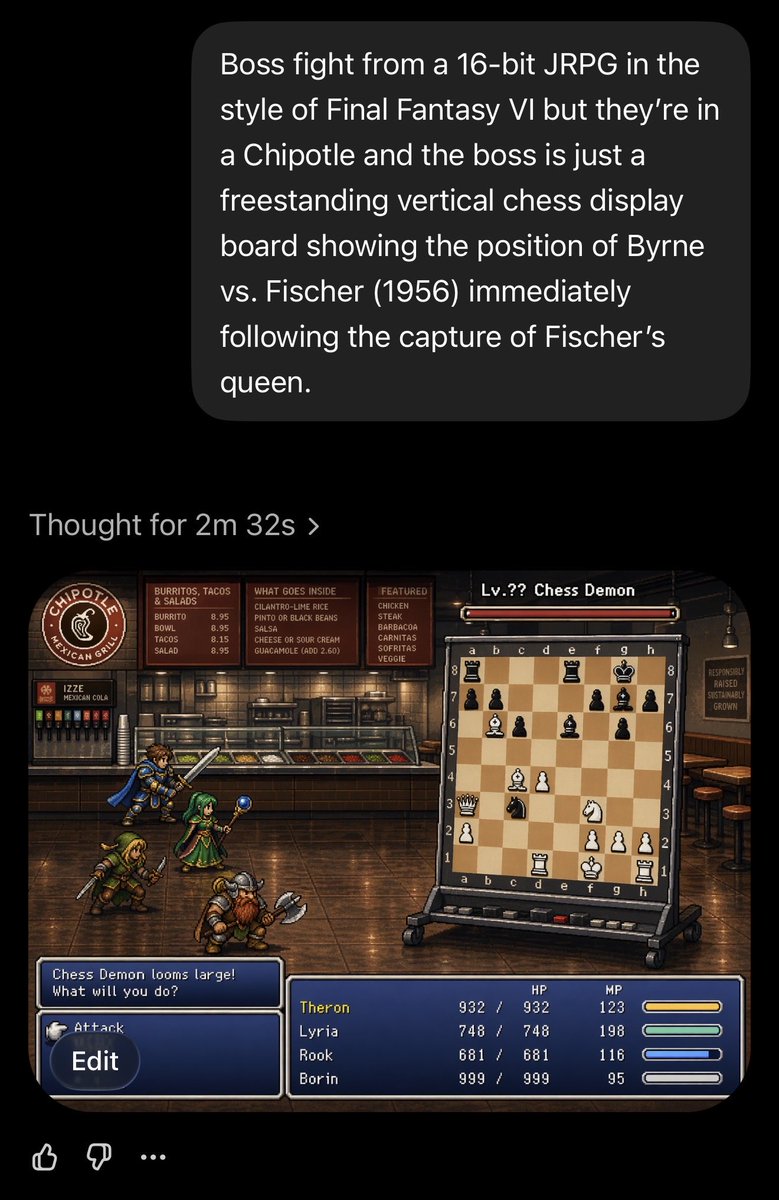 ChatGPT Images 2.0 generates a boss fight from a 16-bit JRPG in the style of FF6 but they’re in a Chipotle and the boss is just the board position from Byrne vs. Fischer (1956) right after Byrne captures Fischer’s queen: