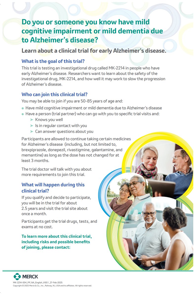 Do you or someone you know have mild cognitive impairment or mild dementia due to Alzheimer’s disease? Learn about a clinical trial for early Alzheimer’s disease. (800) NEW-STUDY | Syrentis.com

#MCI #Alzheiemrs #StopALZ #ClinicalTrials #SyrentisClinicalResearch
