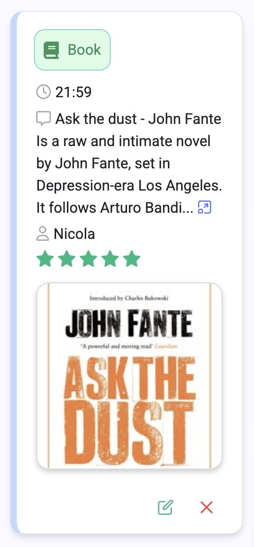 TagJournalApp's tweet photo. Tag Idea #5: Book 📚
Track your reading life in one place: add the author, title, and a short synopsis.
Use rating ⭐️ to capture your opinion and a photo 📸 for the cover.
Keep a log of what you’ve read—and what you don’t want to forget to read next.

#buildinpublic #journaling https://t.co/wOpLOBnu3M