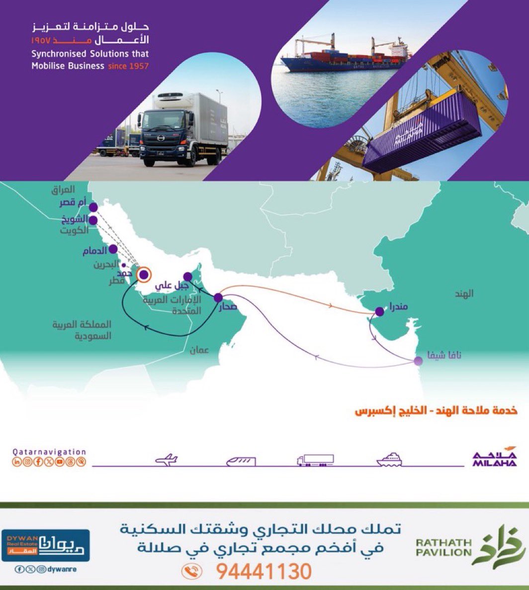 خطوة استراتيجية تعزز الربط التجاري الإقليمي والدولي 🌍🚢
إعلان شركة الملاحة القطرية عن مسار بحري جديد يربط الخليج بالهند عبر #ميناء_صحار، يعكس تنامي دور عُمان كمحور لوجستي فاعل ويعزز انسيابية سلاسل الإمداد.

#سلطنة_عُمان
 #صحار