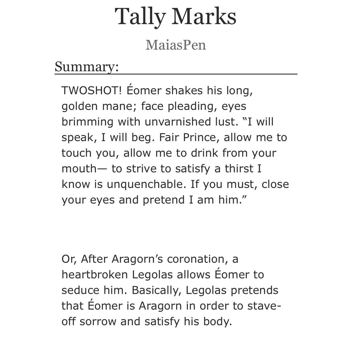 maiaspen1's tweet photo. 🌟 STORY COMPLETE 🌟 “Tally Marks”
Legolas x Éomer, and even with shamelessly glorious art by @Kana7o 😏 🍆 Note: This fic is actually #Aralas at its core, mind the tags, 🚨 E RATING!!!!!
Read:
https://t.co/bug7WGWXVR https://t.co/oqeC9HbgDX