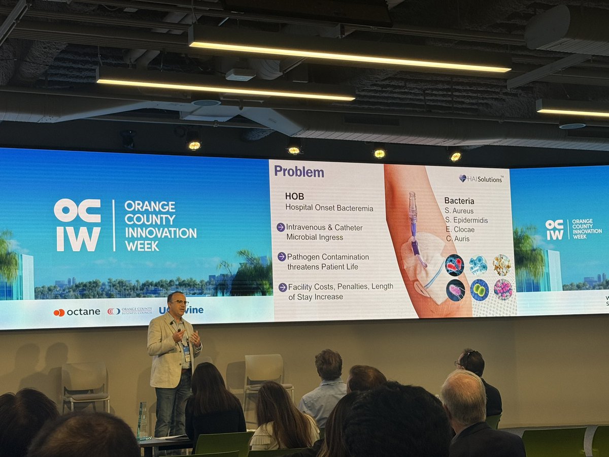 HAISolutions's tweet photo. From #INS to #WoCoVA and onto #OctaneOC, @nick_perrenoud pitching at Octane’s Innovators &amp; Investors Forum! Sharing our innovative QIKCAP System targeting microbial contamination on needleless IV connectors.  #VascularAccess #InfusionTherapy #UVC #MedTech #PatientSafety https://t.co/XTkEDxBahI