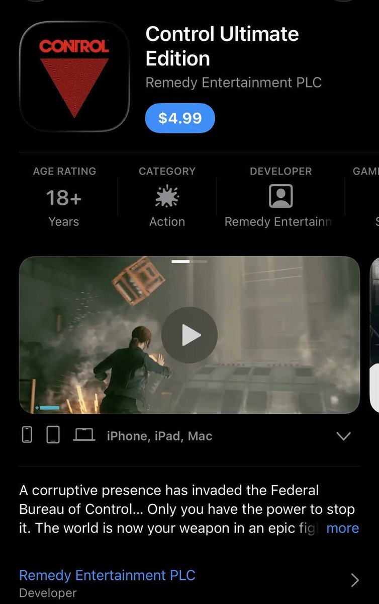 stopgameru's tweet image. Забейте на уход #ControlRemedy из #PSPlus — игру выпустили на #iPhone и #iPad.

Управление адаптировали, ценник в пять баксов (да, всего) поставили, но про версию для #AppleVisionPro забыли, хотя та тоже планировалась.