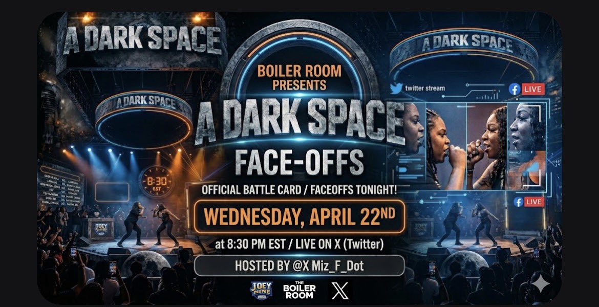 Miz_F_Dot's tweet photo. @BoilerRoomPlt : A Dark Space Face-Offs LIVE TONIGHT 
🗓 Date: Tonight | Wednesday, April 22 🕒 Time: 8:30 PM EST 📍 Platform: Live on X (Twitter) 🎙 Hosts:@Miz_F_Dot @JoeyNine3 
Witness the official battle card's pre-fight verbal warfare before the main event. Tune in for the intensity and predictions. Don't miss the fire! 🔥🎤