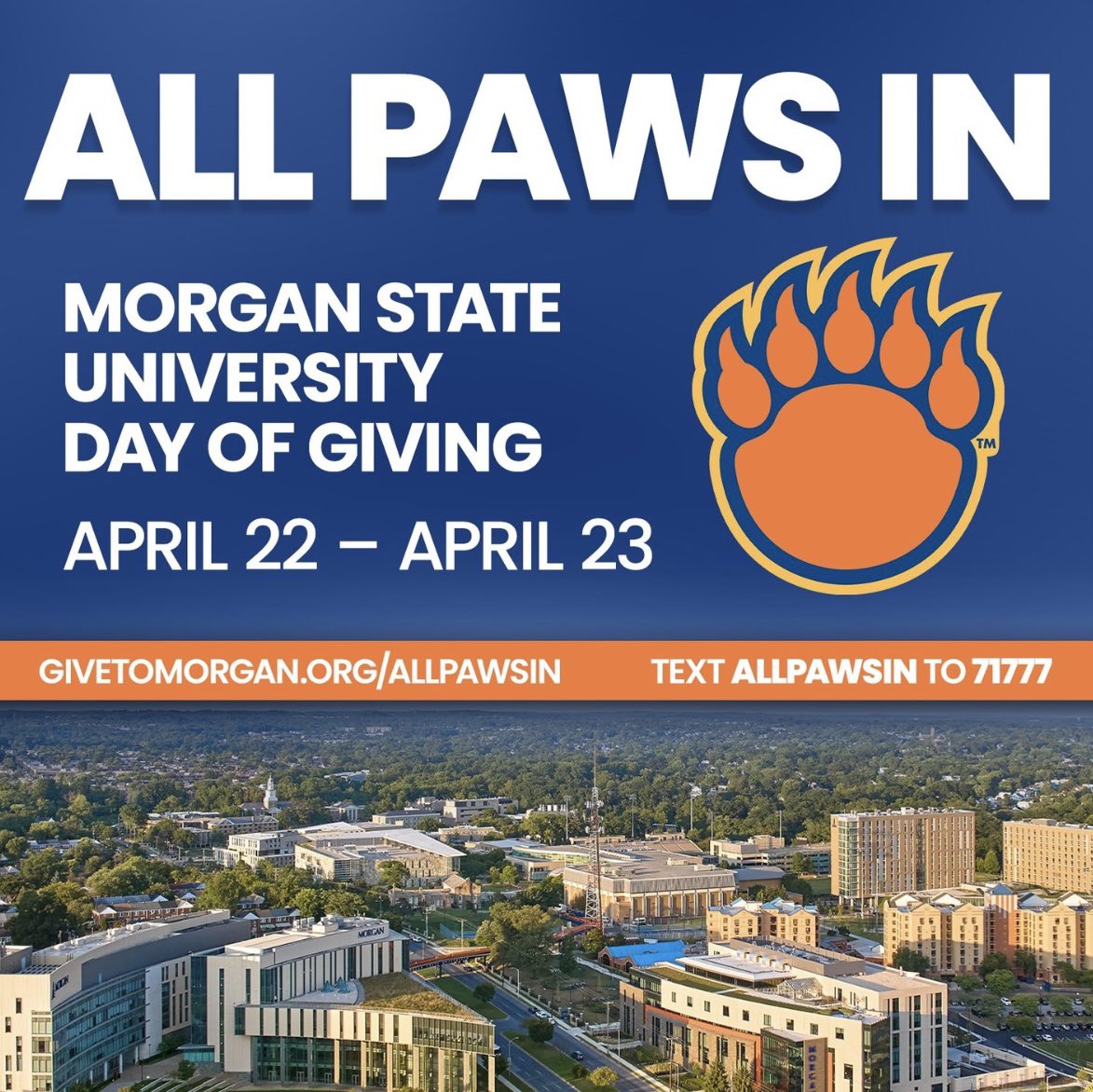MorganStateHESA's tweet image. 36 hours. One mission. Big impact. 💙🧡
Morgan State Day of Giving is here!
Supporting the School of Education &amp;amp; Urban Studies helping future educators and leaders shape our communities. 

#AllPawsIn #MorganState #DayOfGiving #HBCUPride
Give here: fundraise.givesmart.com/vf/AllPawsIn/t…