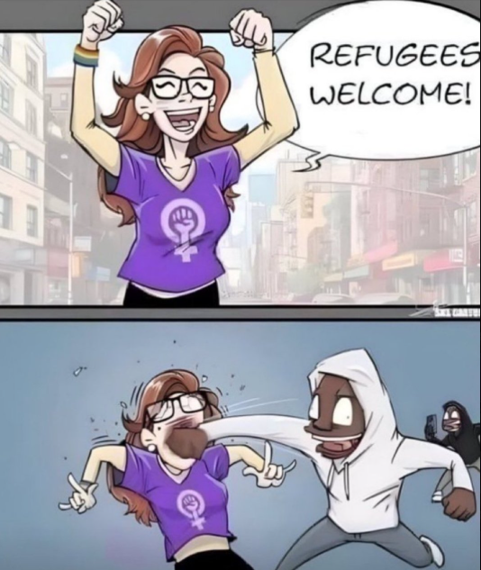 Humanoide2028's tweet photo. Selbst hinterher rufen diese Frauen den immer wiederkehrenden, verheerenden Spruch, weil einfach unbelehrbar. #Remigration #Refugeesnotwelcome
#GehtnachHause #DeutschlandBleibtDeutsch #Abschieben https://t.co/k5yZNVvQBA