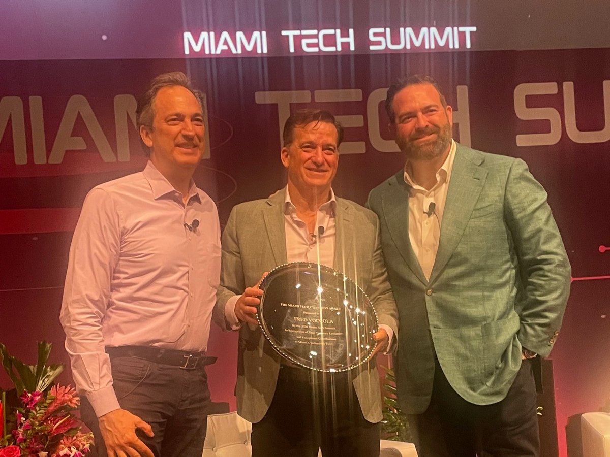 simprosoftware's tweet photo. Our Chairman &amp; CEO @FredVoccola took the stage at the @MiamiTechSummit! Fred spoke about Simpro Group’s mission to bring the power of AI-first technology to the field trades and was honored with the Miami Tech Champion Award! 👏 

#MiamiTechSummit #Simpro #AI https://t.co/L7lWWVAD59