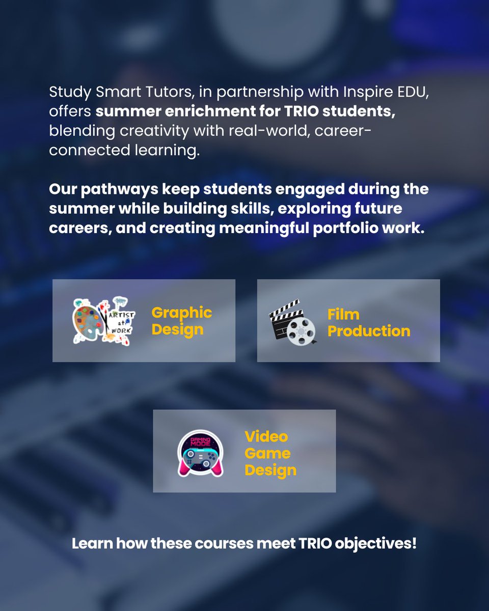 StdySmartTutors's tweet image. Through our partnership with Inspire EDU, Study Smart Tutors offers career-connected summer enrichment designed specifically for TRIO students, combining creativity with real-world, project-based learning.

Contact us to learn more or schedule a demo.
#SummerLearning #TRIOWorks