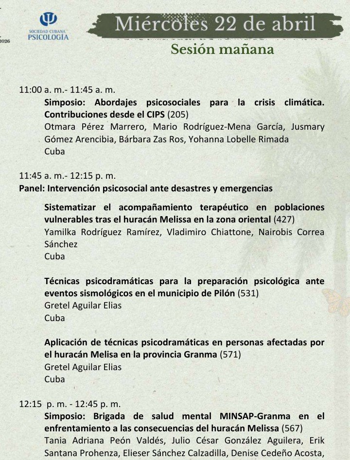 biolkys's tweet photo. Grupos de profesionales participan desde diferentes lugares de #Cuba y del mundo para compartir desde su saber y❤️ experiencias acerca de
#Psicología 
- y crisis climática
- ante emergencias y desastres. https://t.co/koqqWkJTkx