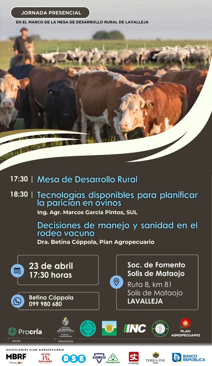 PlanAgro's tweet image. ¡Mañana jueves!
🗓️23/4⏰18:30📍Solís de Mataojo,Lavalleja

En el marco de la #MDR
✔️Tecnologías planificación #parición #ovinos
🗣️Ing. García Pintos @SUL_UY
✔️Decisiones #manejo #sanidad #vacunos
🗣️Dra. Cóppola #PlanAgro
📌SFSdeM

¡Te esperamos!
@MGAPUruguay @INC_Uruguay #Procría