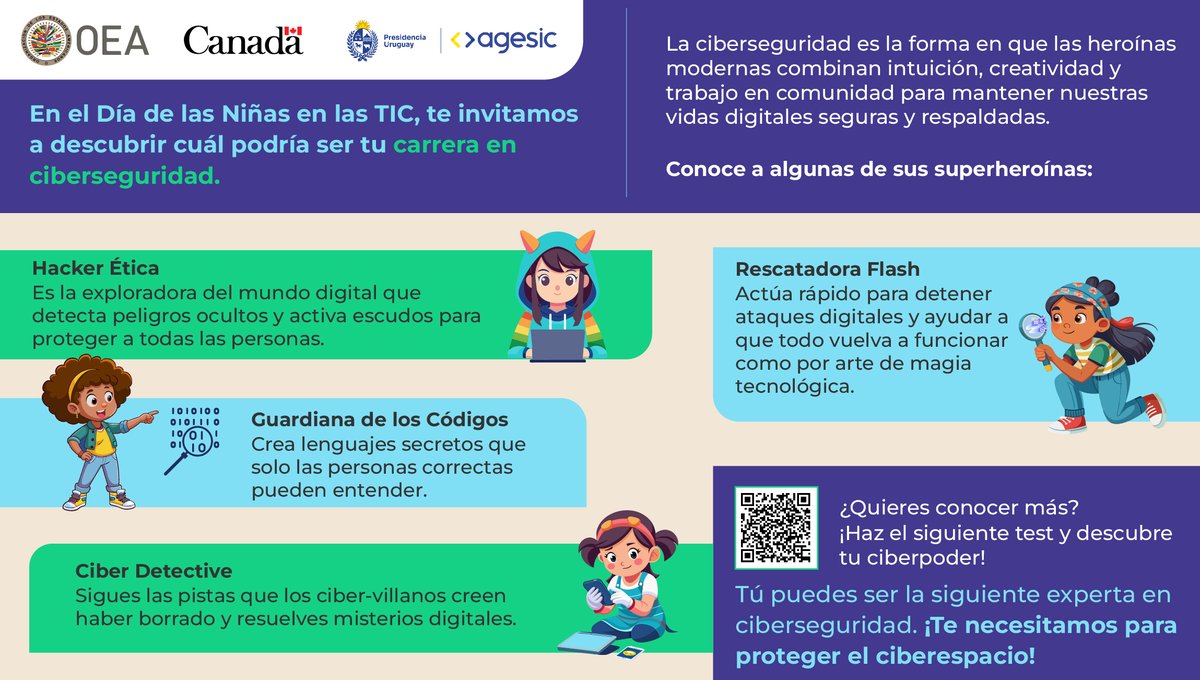 OEA_Cyber's tweet photo. ¡Mañana celebraremos el Día Internacional de las Niñas en las TIC!

🟩¿Por qué importa?

La brecha de género en las TIC es muy profunda y afecta a todo el ecosistema digital.

Expectativas sociales y familiares influyen en las decisiones educativas de las niñas, y tu guía puede ser clave para acercarlas a la ciberseguridad.

🟩¿Quieres sumarte a la conmemoración?

Habla con ellas sobre la importancia de la ciberseguridad e invítalas a completar la siguiente misión 👇https://t.co/IBcLcFHZTe 

Descubre también los materiales para niñas gamer que creamos en alianza con @agesic y @CanadaFP 👇
https://t.co/ydUnhQCnaq