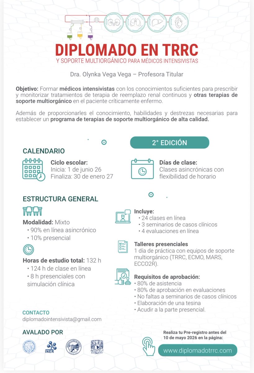 DiplomadoTrrc's tweet photo. Atención INTENSIVISTAS 🚨 

Se abre la convocatoria para la segunda generación del diplomado de TRRC y soporte Multiorgánico para intensivistas

Pre-registro antes del 10 de mayo 2026
https://t.co/scTdLLZREF https://t.co/sWjeW2y4qg