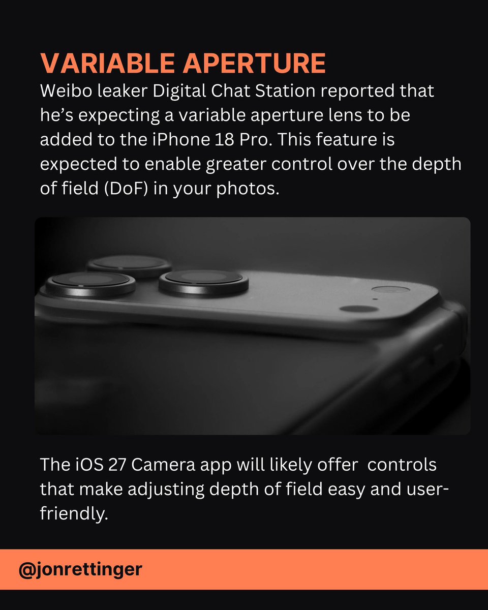 Jon4Lakers's tweet image. Leak says iPhone 18 Pro could get variable aperture.  I’m just hoping this comes with some pro camera features. 

#iphonephotography #appleleaks #iphone18pro #iphonecamera #technews