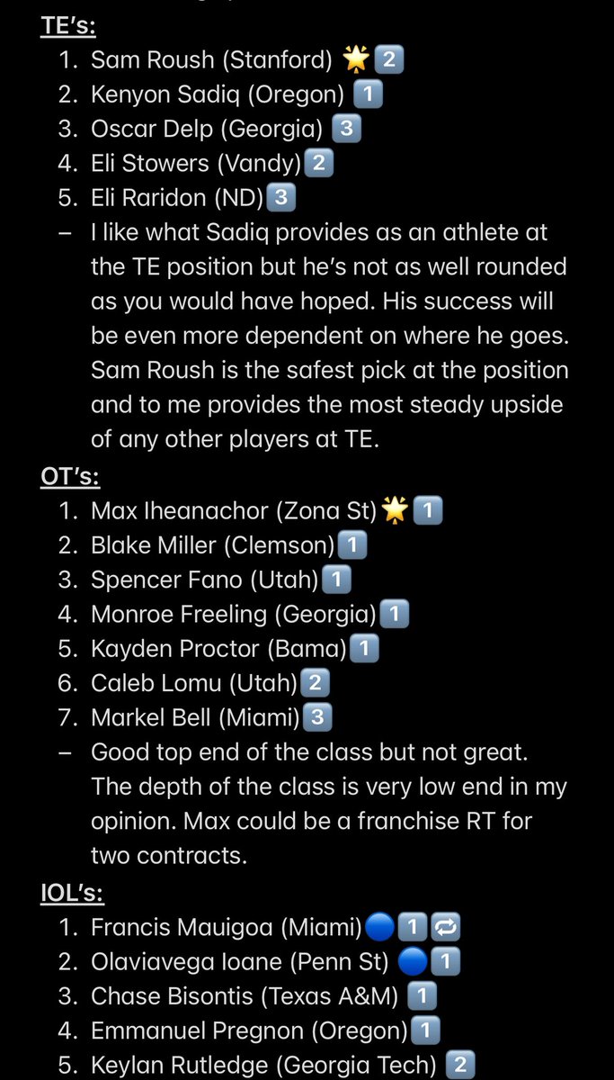 FSUallday92's tweet photo. My 2026 NFL draft player position rankings. See the replies for the other positions not shown. #NFLdraft https://t.co/JOWTy1Mijk