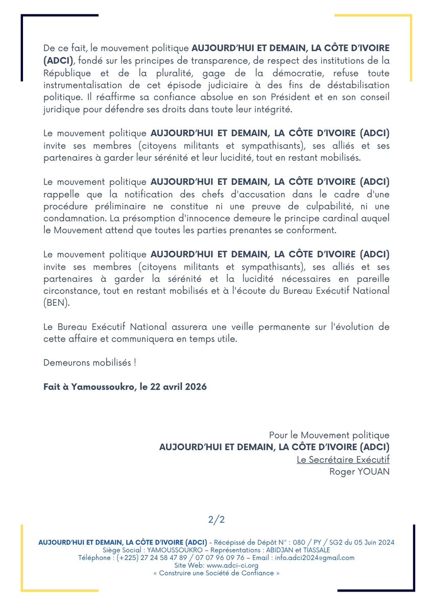 Le BEN informe  que les chefs d’accusation portés à l’encontre de <a href="/tiemokoassale/">Assalé Tiémoko Antoine</a> :
1.⁠ ⁠Trouble à l'ordre public 
2.⁠ ⁠Incitation à la révolte 
3.⁠ ⁠Discrédit sur les institutions de la République 
4.⁠ ⁠Diffusion de fausses nouvelles

#AvecAssaléTiémoko