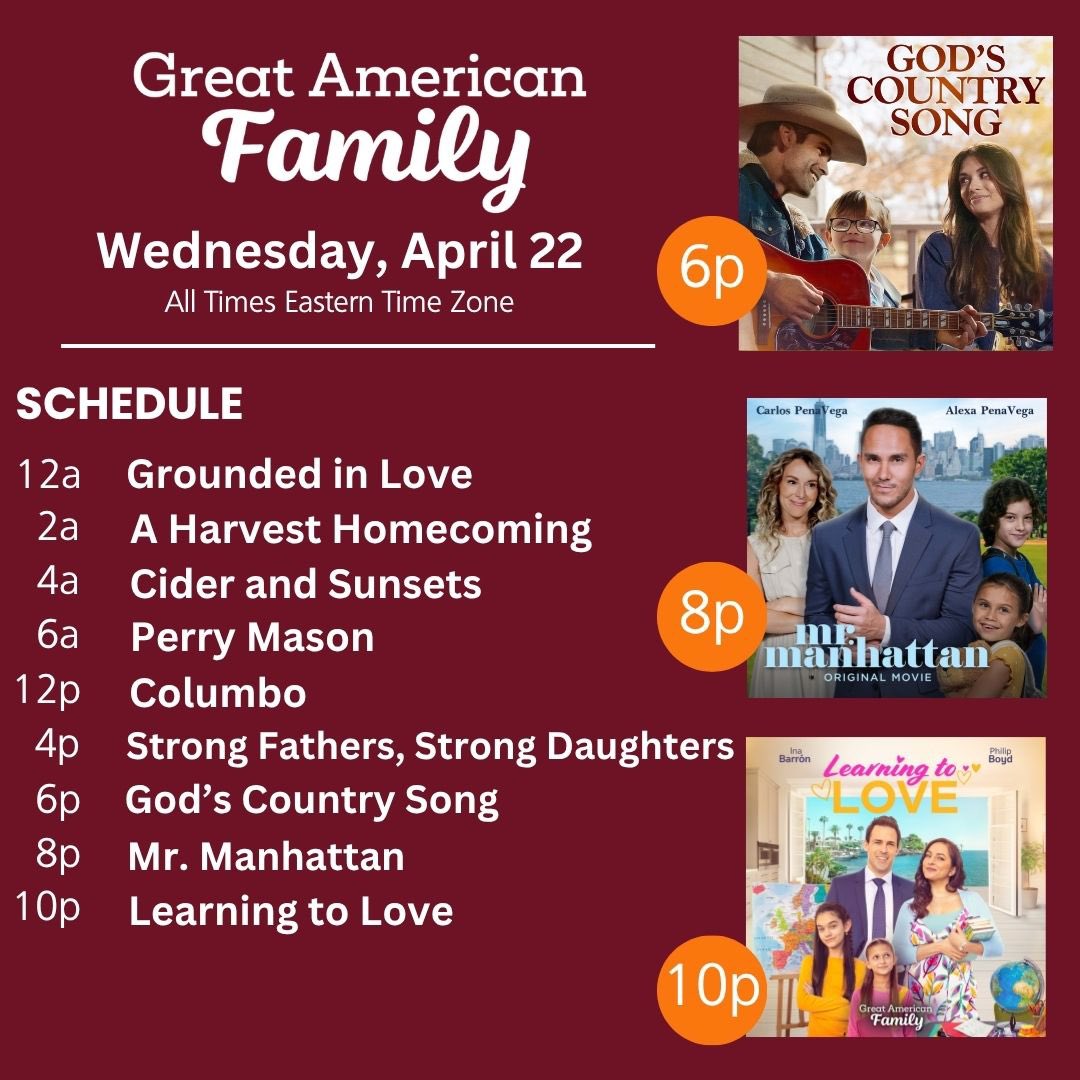 CattLovesMovies's tweet photo. Happy Wednesday!
#WeekdayMovies today on @GAfamilyTV—
🌷#StrongFathersStrongDaughters 4pET/1pPT
🌷#GodsCountrySong 6pET/3pPT
🌷#MrManhattan 8pET/5pPT
🌷#LearningToLove 10pET/7pPT
🐱💜🎬
@billabbottHC #GreatAmericanFamily #GFam #WhereFaithLeads #WhereStoriesInspire #WelcomeHome #Greatfuls