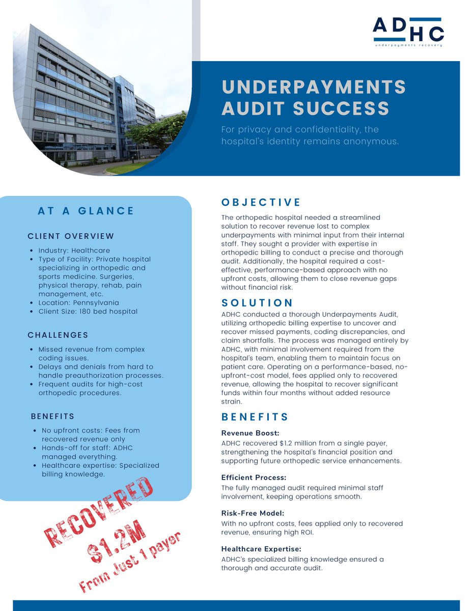 DeeWil's tweet image. Hospitals &amp;amp; practices: You could be missing revenue. We recover underpayments with no upfront cost—if we don’t find money, there’s no fee. Start here: zurl.co/9E6yf
 #MedicalBilling #RevenueCycle #UnderpaymentRecovery