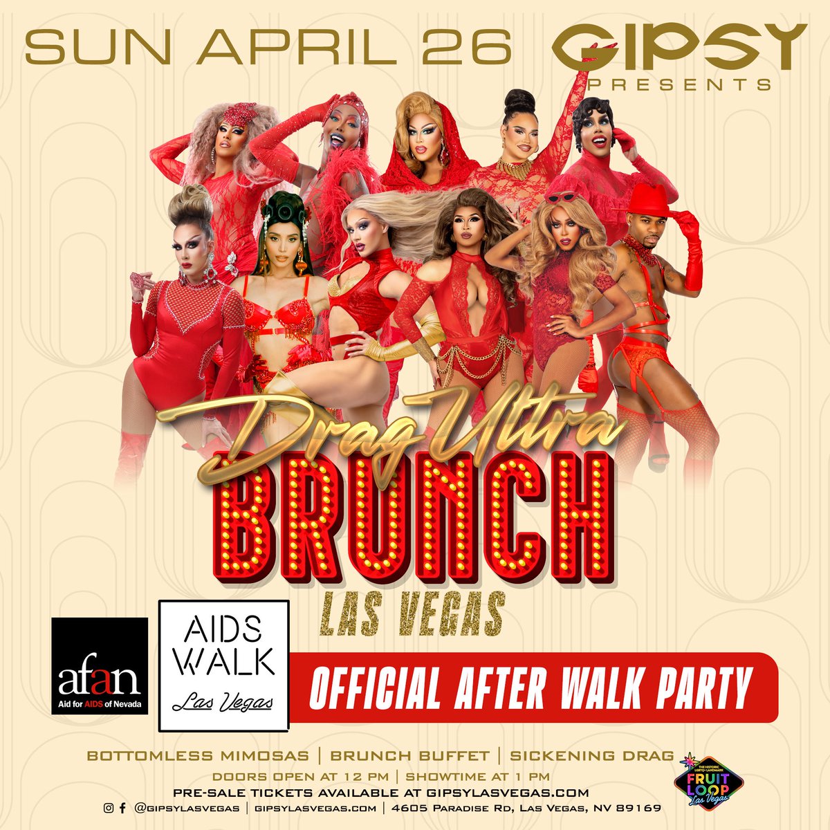 AFANLV's tweet photo. 💃 Save the Date! Join us after the AIDS Walk for a special Gipsy Drag Ultra Brunch! The official after walk party! Starting at 12 noon! AIDS WALK Las Vegas 2026 x Gipsy Nightclub @GipsyLasVegas https://t.co/aUyBdPyyRe