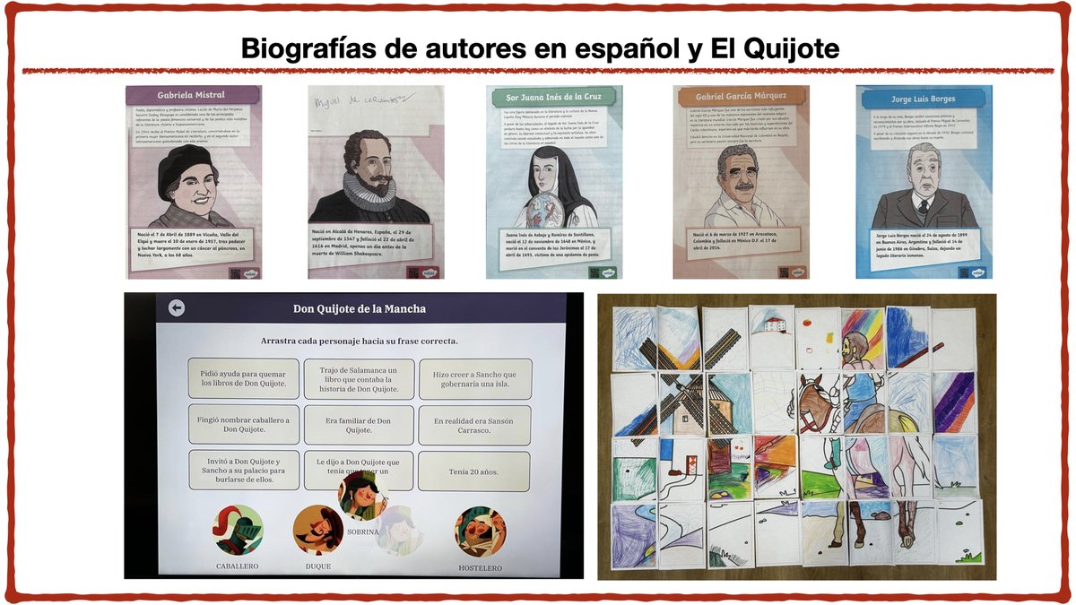 EduBenelux's tweet photo. Compartimos otras actividades llevadas a cabo esta semana en las aulas de @ALCEPBajos, en el marco del Día del Idioma Español. 
El alumnado trabajó la biografía de autores en español y también #ElQuijote con la app Miniclásicos de Itbook, que culminó en un muro colaborativo. 🧵⤵️ https://t.co/cS85rSOpCF
