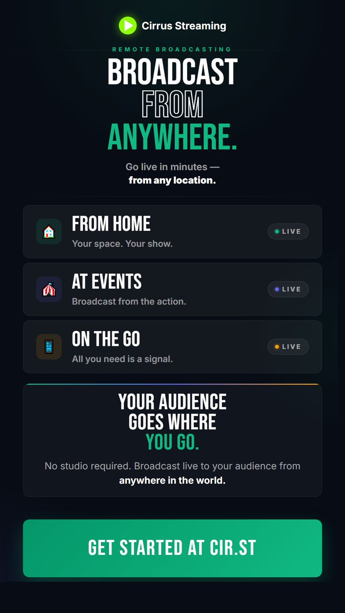 cirrusstreaming's tweet photo. Broadcast from anywhere. Literally. 🌎🎙️
🏠 From home
🎪 At events
📱 On the go
No studio. No limits. Just go LIVE.
Your audience goes where you go.
🚀 Start streaming → https://t.co/Y60pSoT2qE
#StreamOnCirrus #RadioStreaming #BroadcastTech #LiveStreaming https://t.co/Qoa7BrUM42