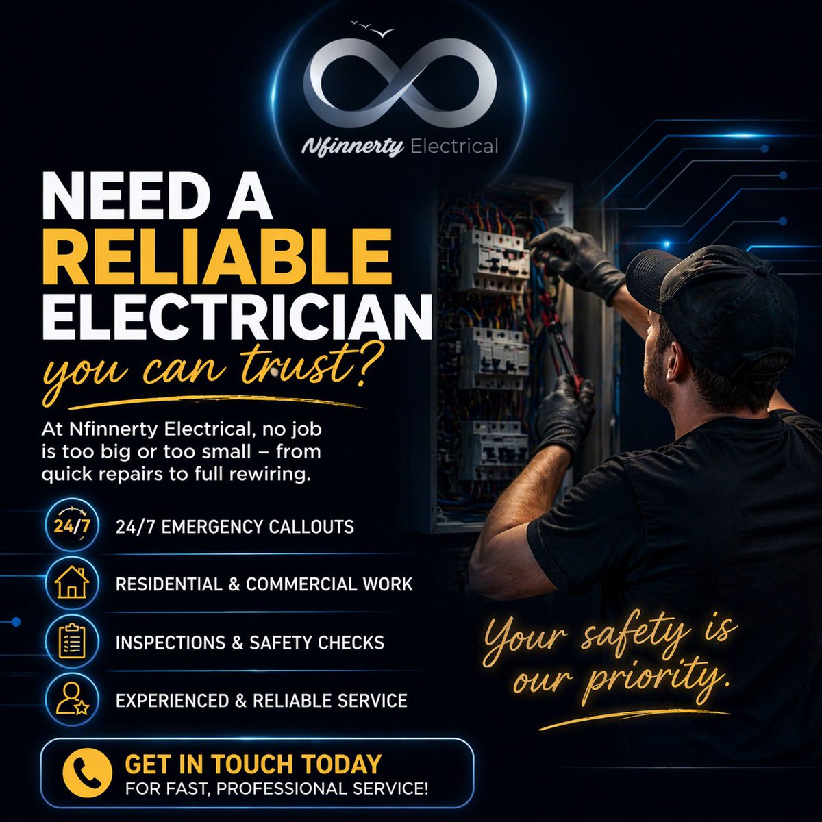 NfinnertyElec's tweet image. ⚡ Need a reliable electrician you can trust?
At Nfinnerty Electrical, no job is too big or too small — from quick repairs to full rewiring.
Your safety is our priority.
📞 Call today for fast, professional service!

#Electrician #ElectricalServices #SafetyFirst #24HourService