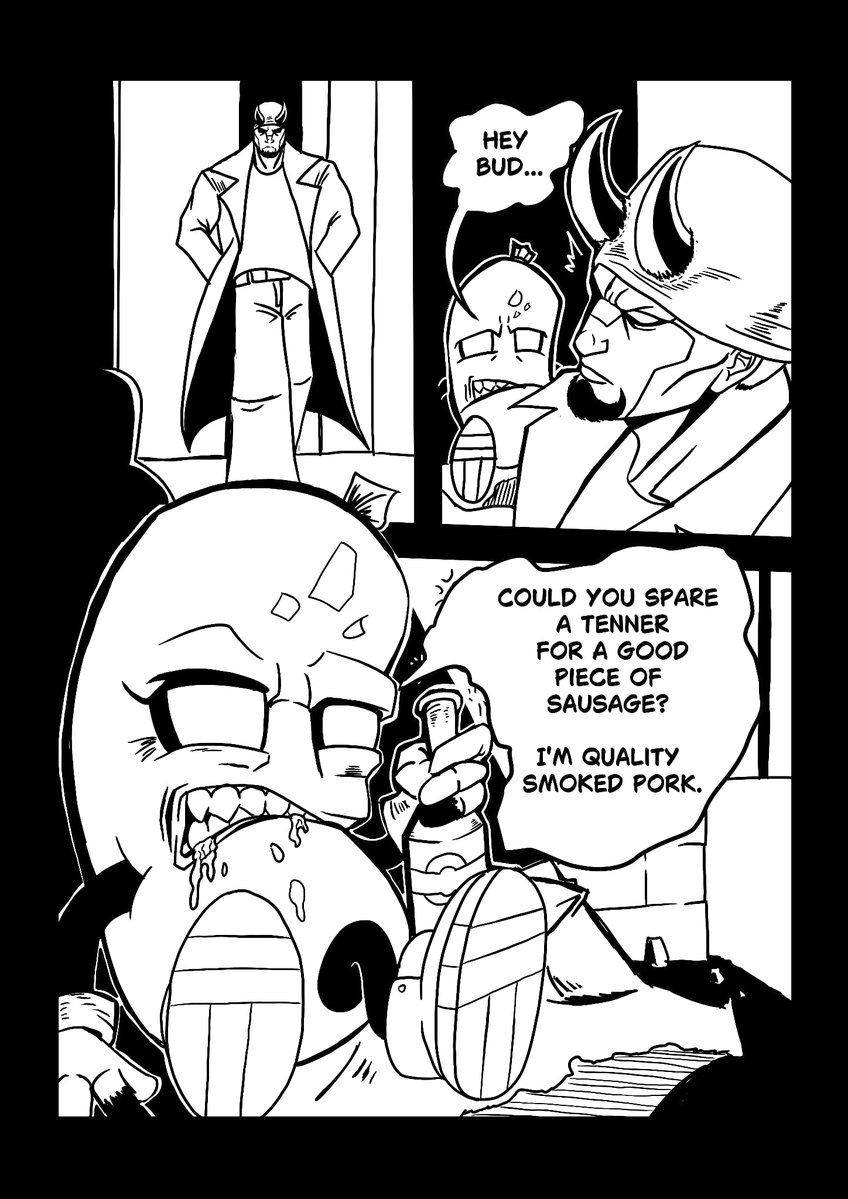 KOLKKO_Artist's tweet image. SAN CALIBRE Page 3 inked and dialog added 
Sausage boy has offer to Lorenz... 
Would you refuse? 

#comicスピラ #comicart #artshare #indiecomics #art