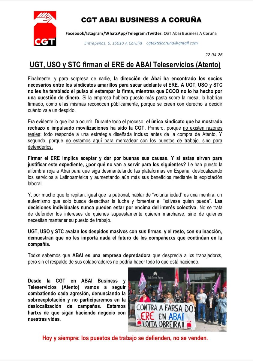 El ERE de ABAI sale adelante con la complicidad de UGT, USO y STC.

Hemos sido las únicas que nos hemos opuesto y nos hemos movilizado contra el ERE en la antigua ATENTO.

¡NO TIENEN VERGÜENZA!