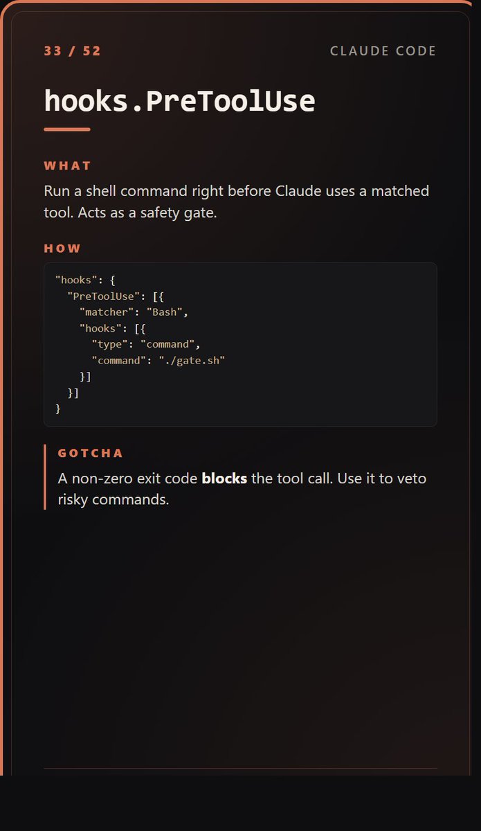 aislabsai's tweet image. Today's draw: card 33 — hooks.PreToolUse.

Run a shell command right before Claude uses a matched tool. A non-zero exit code BLOCKS the call.

That's your safety gate against accidental rm -rf.

aislabs.gumroad.com/l/rumzcr

#ClaudeCode #DevTools #AI