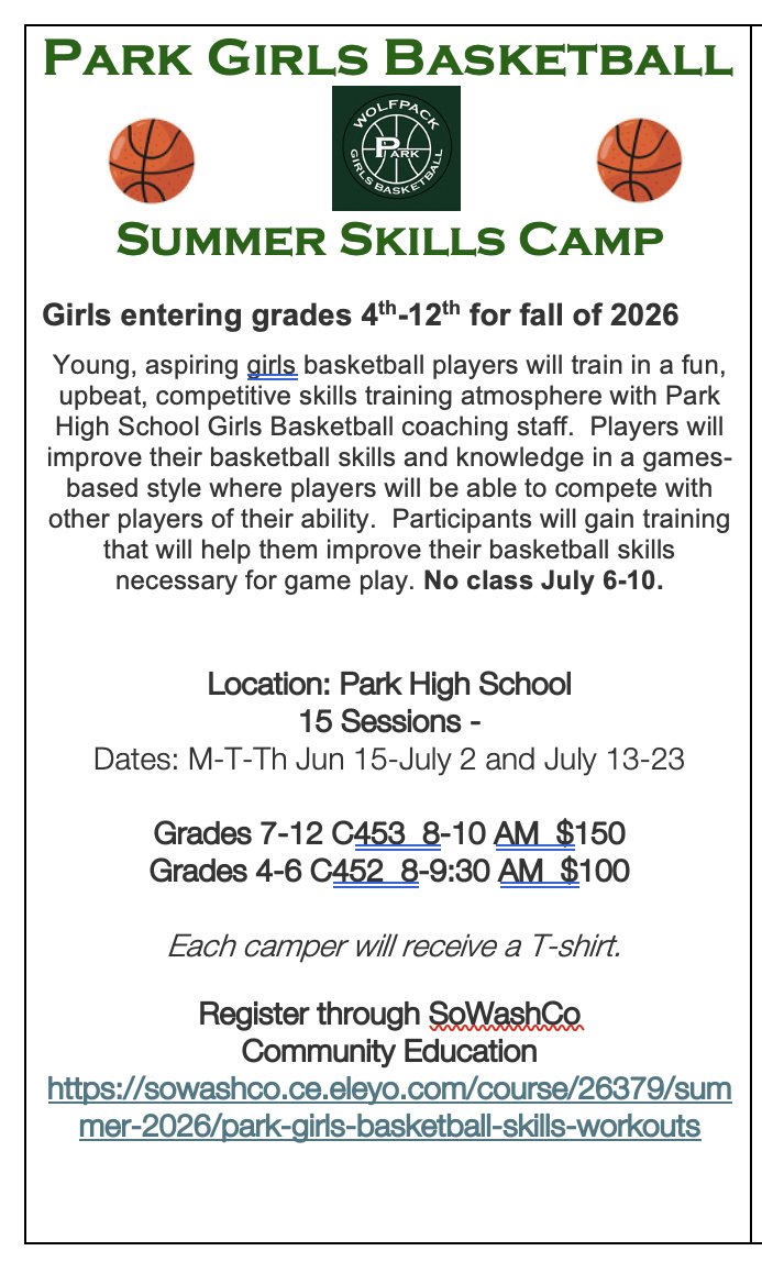 ParkGirlsB's tweet photo. Summer Basketball Skills camps start in June!  Hope to see the gyms full this summer!! https://t.co/1grvMjALwh