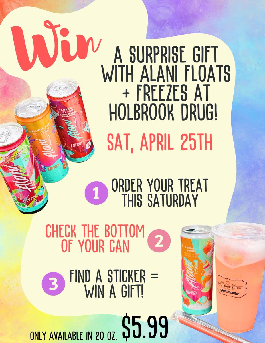 holbrookdrug's tweet image. Try our new treat for a chance to win 👀🥤

THIS Saturday (April 25th), every Alani Nu float or freeze could be a winner at Holbrook Drug! We’ve hidden 3 stickers under select cans—find one and get a surprise gift 🤩

#visitmorehead #shoplocal