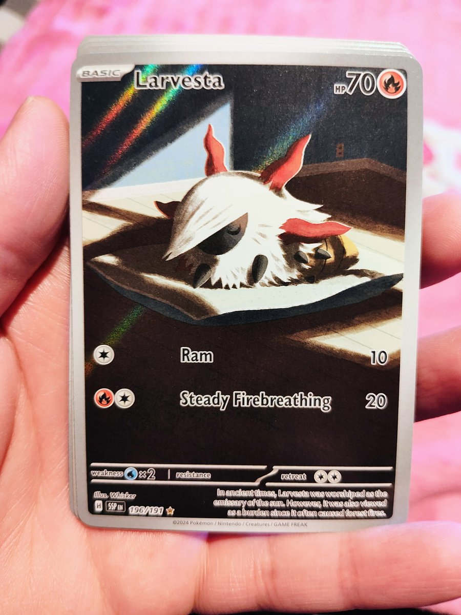 killiesama's tweet image. I bought a knockout pack and pulled #Larvesta from #SurgingSparks #blessed #cute #sleepy #Pokemon