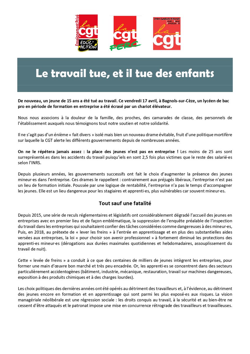 CGT_EP's tweet photo. 📢 Le travail tue et il tue les enfants : communiqué CGT-EP, FERC CGT et CGT TEFP. https://t.co/nNi7SEmhvM