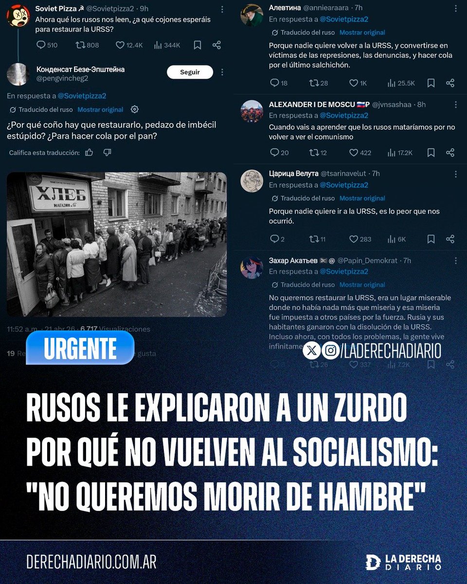 🇷🇺🇪🇸 | Tras la implementación de la traducción automática en X, usuarios rusos destruyeron a un comunista español que les preguntó por qué no restauran la URSS: "Porque no queremos morir de hambre. ¿Por qué habría que restaurarlo, imbécil estúpido? ¿Para hacer cola por el pan?".