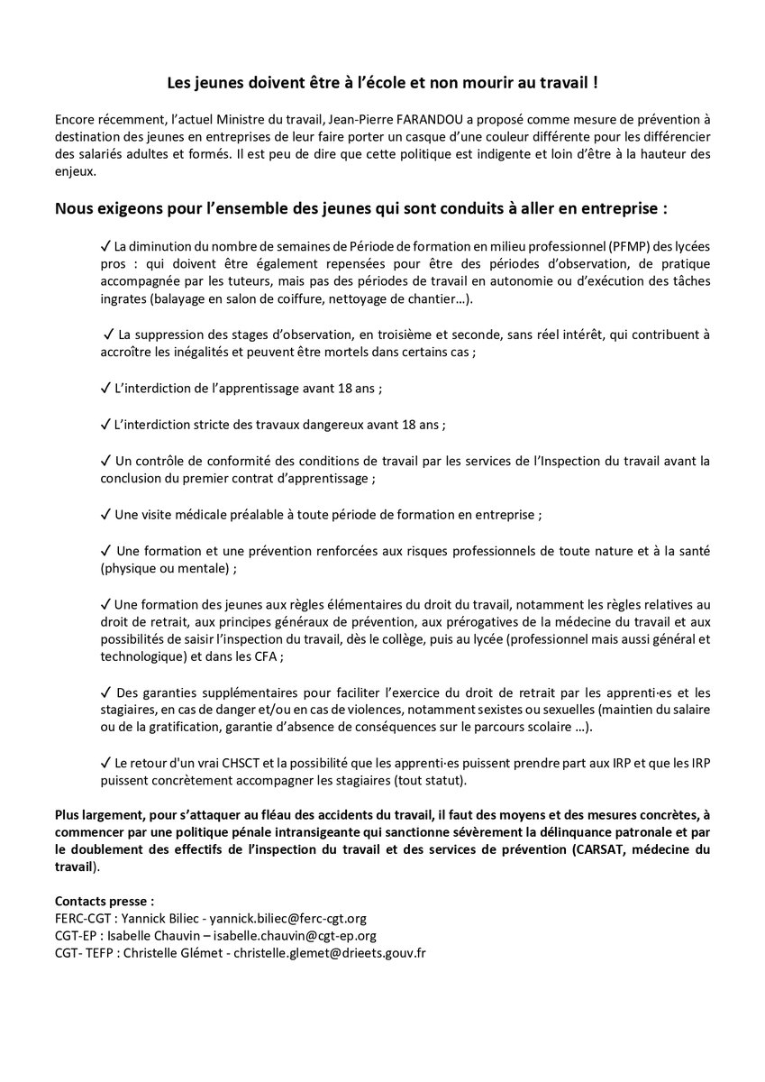 CGT_EP's tweet photo. 📢 Le travail tue et il tue les enfants : communiqué CGT-EP, FERC CGT et CGT TEFP. https://t.co/nNi7SEmhvM