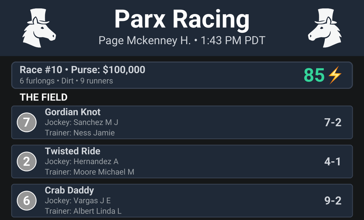 CapperRacing's tweet photo. 🏇 Race Alert!

Parx Racing Race #10
Page Mckenney H.

📍 Post Time: 1:43 PM MST
⚡️ Thrill Score: 85⚡️

#HorseRacing #ParxRacing #Racing https://t.co/GRHlgZMEUE