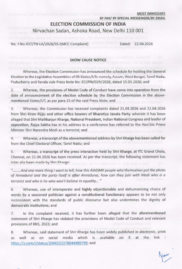 LokPoll's tweet image. #ElectionCommission of India takes note of Congress (@INCIndia) National President Mallikarjun Kharge (@kharge) calling PM #NarendraModi a “Terrorist” and issues a notice to Kharge to explain his stand within 24 Hrs

The notice reads, "Whereas, the Commission is prima facie of