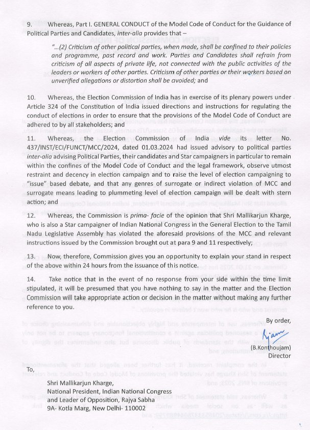 LokPoll's tweet image. #ElectionCommission of India takes note of Congress (@INCIndia) National President Mallikarjun Kharge (@kharge) calling PM #NarendraModi a “Terrorist” and issues a notice to Kharge to explain his stand within 24 Hrs

The notice reads, "Whereas, the Commission is prima facie of