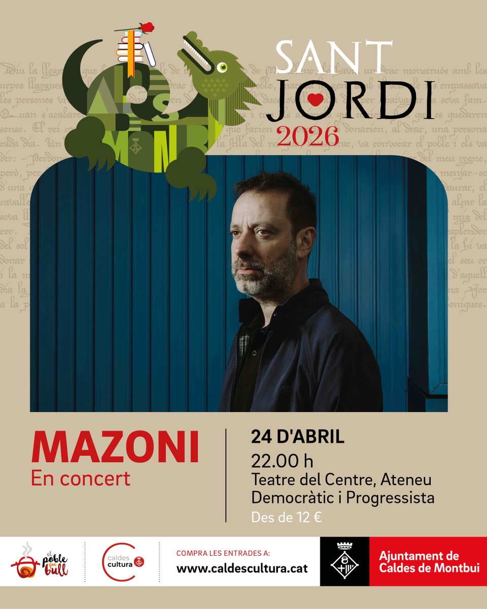 AjCaldesMontbui's tweet photo. 🐲🌹 Celebrem Sant Jordi amb música

👉 Aquest divendres, 24 d'abril, @mazonisongs a @ElCentruCaldes 

🎟️ Entrades a https://t.co/mY5jF8iuoD https://t.co/zz5SmUimUD