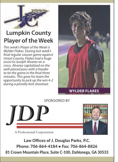 WylderFlakes's tweet photo. It’s an honor to be named the Lumpkin County Player of the Week. Thank you to JDP for sponsoring this each week in our community. https://t.co/3i2UFFz0MK